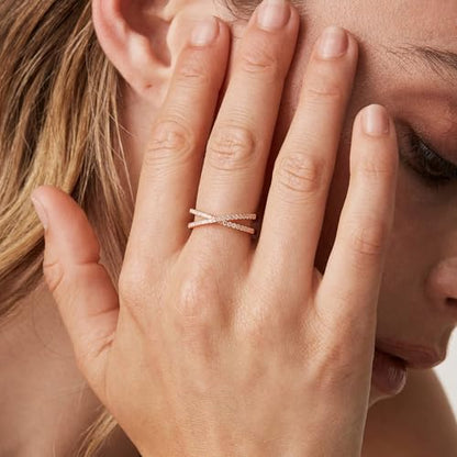 PAVOI 14K Gold Plated X Ring Simulated Diamond CZ Criss Cross Ring for Women - color: Rose Gold, size: 6