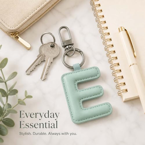 Initial Letter Keychain,Stainless Steel,Colorful Faux Leather Keyring for Backpack,Purse,Car Keys,Gift for Men Women - color: E