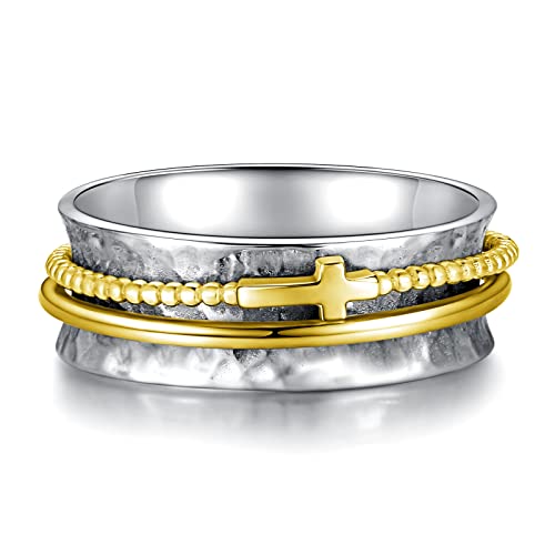 Sariel Cross Fidget Ring for Women - 925 Sterling Silver Spinner Rings Spinning Band Rings Wide Hammered - color: Gold