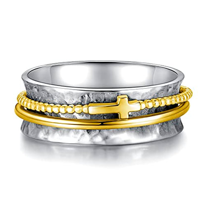 Sariel Cross Fidget Ring for Women - 925 Sterling Silver Spinner Rings Spinning Band Rings Wide Hammered - color: Gold