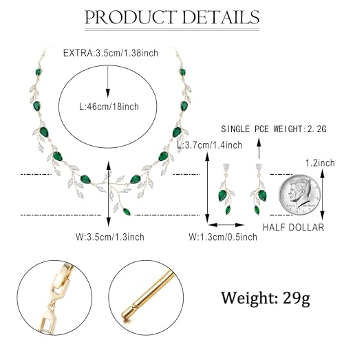 Cubic Zirconia Leaf Vine Wedding Jewelry Set for Bride Women Bridesmaid | Pear-Shaped Birthstone, Necklace Dangle Earrings for Bridesmaid, Silver-Plated-Brass - color: 2pcs_Green Gold-Plated-Brass