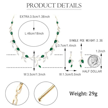 Cubic Zirconia Leaf Vine Wedding Jewelry Set for Bride Women Bridesmaid | Pear-Shaped Birthstone, Necklace Dangle Earrings for Bridesmaid, Silver-Plated-Brass - color: 2pcs_Green Gold-Plated-Brass