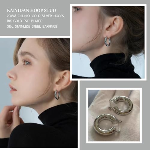2 Pairs Gold/Silver Hoop Earrings For Women Set Trendy,14K Plated Gold Chunky Huggie Hoop Earings Pack,Oval Twisted Statement Silver Hoops,Fashion Jewelry Gift - color: 14) 20mm chunky hoop
