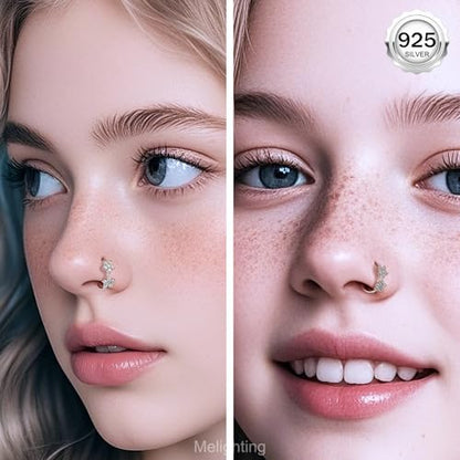 Melighting 20G Nose Ring Hoop 925 Sterling Silver Butterfly Flower Nose Hoop Seamless Open Helix Piercing Clear Double CZ 8 mm Cartilage Earring Nose Piercing for Women - color: Double Flower