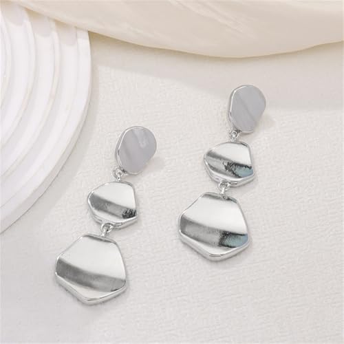 Dainty Alloy Retro Smooth Geometric Circular Lightweight Dangle Drop Earrings Gold-plated Irregular Stud Earrings for Women - style: Sliver