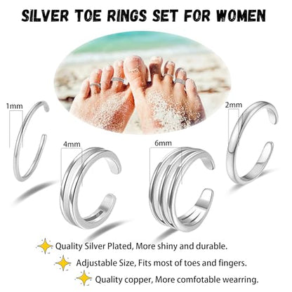 LOFITOR 4PCS Gold Toe Rings for Women Non Tarnish Waterproof Toe Ring Set | 14K Gold Filled Dainty Stackable Cute Thin Adjustable Open Band Toe Ring Cz Foot Jewelry For Beach Summer Hawaiian - style: Simple Silver