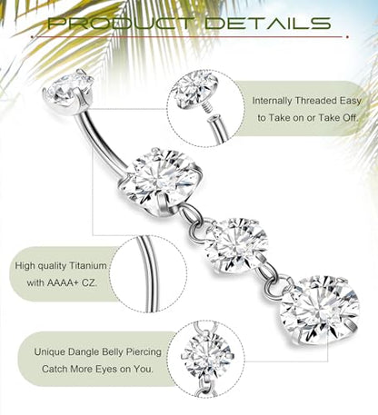 G23 Titanium Dangle Belly Button Rings for Women Dangling Navel Rings CZ Belly Rings Curved Barbell Internally Threaded Belly Piercing Jewelry - color: White
