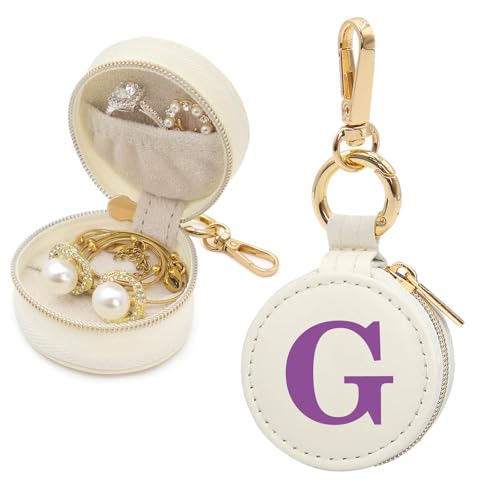 Mini Initial Travel Jewelry Case Ring Holder, Beige Faux Leather Small Jewelry Organizer Box Gifts for Women Girls Nurse Teacher, Gym Travel Accessories Keychain Pouch for Earrings Rings Necklace G - color: Beige, size: Leather-G