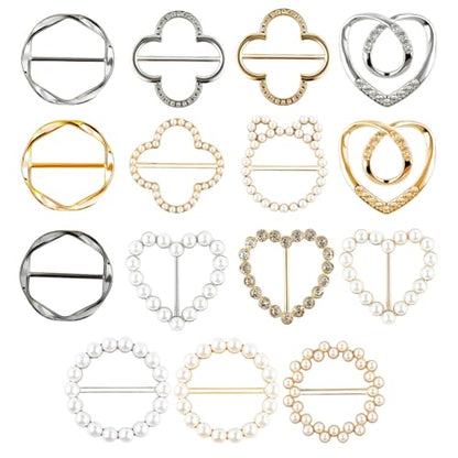 15pcs Silk Scarf Ring Clips, Premium T-Shirt Tie Clips for Women, Fashion Metal Waist Cinch Buckles for Loose Clothes Accessories(Gold/Silver)