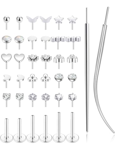 Threadless Push in Nose Studs Rings Stainless Steel Flat Back Earrings Labret Monroe Lip Rings for Women Men Cartilage Helix Conch Tragus Piercing Jewelry 6mm 8mm 10mm Silver Gold Tone - color: Silver, size: 18G(1mm)
