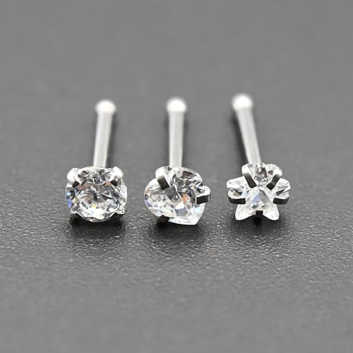 6-Piece Nose Piercing Studs Set, 20G Stainless Steel Nose Studs, 3mm Crystal Heart Star Round Shapes, 0.8x7mm Bone - color: White