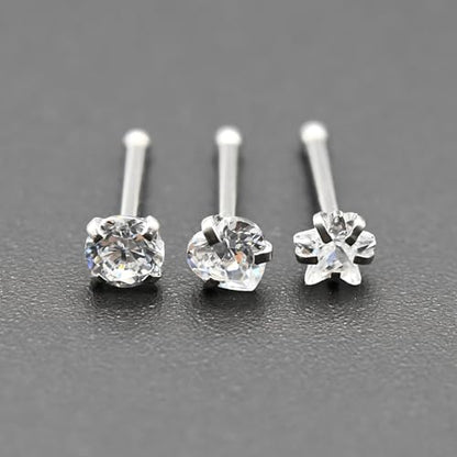 6-Piece Nose Piercing Studs Set, 20G Stainless Steel Nose Studs, 3mm Crystal Heart Star Round Shapes, 0.8x7mm Bone - color: White