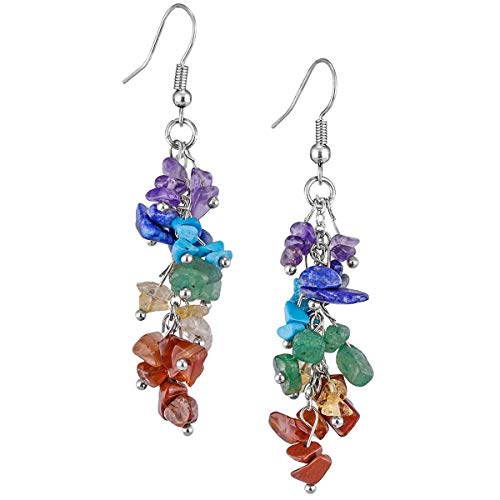Nupuyai Natural Tumbled Stones Earrings for Women, Reiki Healing Crystal Long Dangle Hook Eardrop - color: #2-7 Chakra