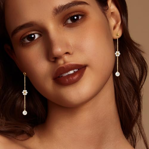 IMBOS Pearl Earrings 14k Gold Plated Daisy Flower Stud Earrings for Women Ball Stud Flat Back Earring Hypoallergenic Statement Earring Trendy Jewelry Gift for Women - color: Gold-Dangle Pearl Flower