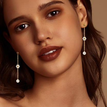 IMBOS Pearl Earrings 14k Gold Plated Daisy Flower Stud Earrings for Women Ball Stud Flat Back Earring Hypoallergenic Statement Earring Trendy Jewelry Gift for Women - color: Gold-Dangle Pearl Flower