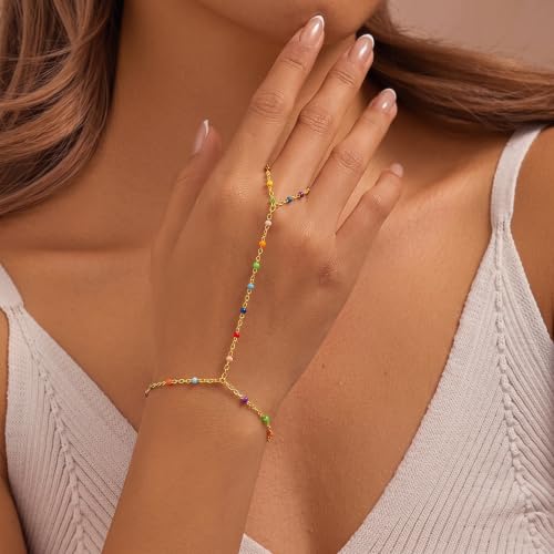 Eaciy 3PCS Gold Hand Chain Bracelets for Women, 18K Gold Plated Dainty Stackable Hand Chain Bracelet Ring Gold Bracelets for Women Trendy Gold Jewelry Set - color: 07-Gold-Beads Hand Chain