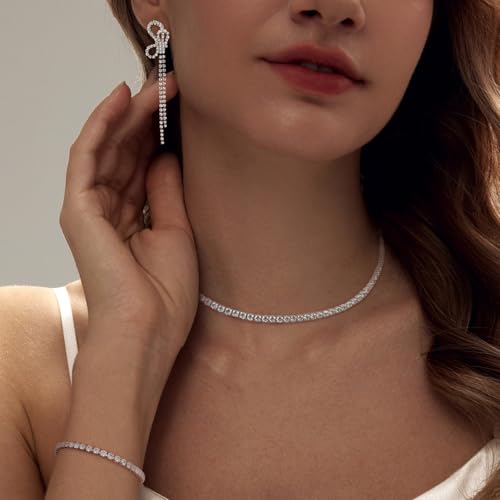 HAXIYA Tennis Necklace Bracelet for Women, Sterling Sliver Jewelry Set, Silver/Gold Chocker Necklace, Crystal Bracelet for Women, Wedding Jewelry for Bride, Sparkly Party Prom Hypoallergenic - color: Butterfly Set of 3 - Silver