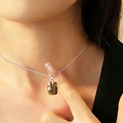 iSTONE 925 Sterling Silver Natural Crytral for Womens Pendant Necklace, Gemstone Birthstone with 17.8" Silver Chain Ladies - color: Rectangle - Tiger's Eye