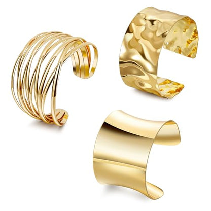 3Pcs Chunky Gold Cuff Bracelets Open Wide Bangle Bracelets Set for Women Minimalist Irregular Bracelet Statement Wrist Cuff Wrap Bracelet Jewelry - style: styleA gold