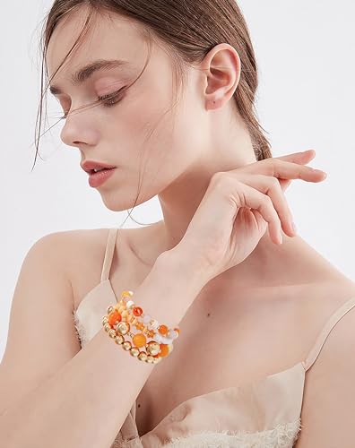 LALAPPLE Gold Plated Beaded Acrylic Bamboo Tube Bangle Bracelets for Women, Colorful Chunky Curved Tube With Gold Plated Pieces Beads Stretch Bracelet Friendship Summer Beach Jewelry - color: A-Style 1-gold 4pcs