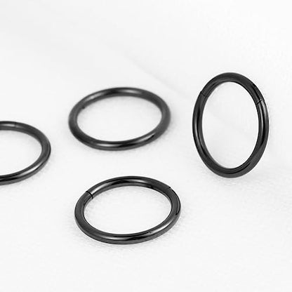 4Pcs 16G 18G 20G Surgical-Steel-Piercing-Ring-Nose-Rings-Hinged-Hoop-Earrings,6mm 8mm 10mm 12mm Seamless Stainless Steel Clicker Eyebrow Septum Piercing Hoop,Sliver Black Gold Rose Gold Rainbow Body Jewelry Set - color: 18G 8mm Black