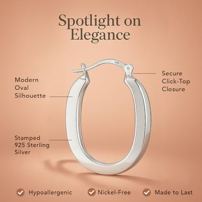 LeCalla Sterling Silver Hoop Earrings for Women | Lightweight Silver Chunky Hoop Earrings | Handmade Electroform Hollow Italian Design Click-Top Earrings Hoop - color: Puff Oval Shape