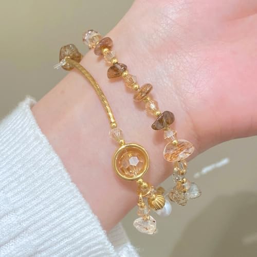 Wrap Bracelet for Women,Crystal Chip & Faux Pearl Beaded Double Layer with Gold-Tone Pendant, Boho Minimalist Style, Adjustable Fit