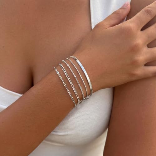 5Pcs Thin Silver Plated Bracelets Sets for Women Dainty | Silver Jewelry Trendy Stackable Rope Snake Box Figaro Chain Bracelets Pack Costume Fashion Gifts - style: 5Pcs BRACELET SET-04