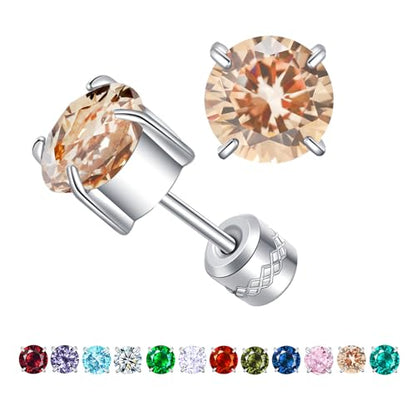 Titanium Flat Back Surgical Stainless Steel Stud Earrings for Women Men,Birthstone Stud Earrings Hypoallergenic Double Side 5A Cubic Zirconia Studs Jewelry 6mm - color: November(Topaz)