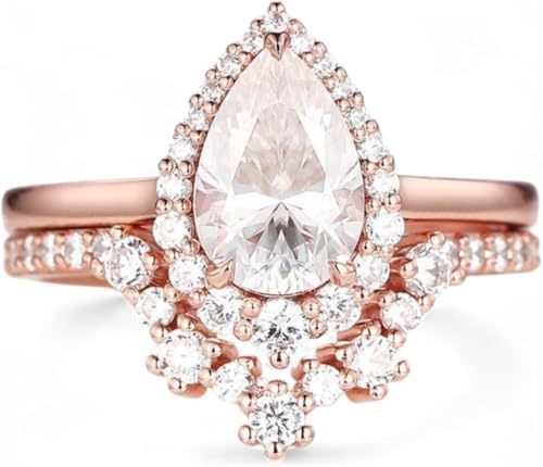 Vintage Pear Cut White Yellow Pink Green Blue Moissanite and Diamond Bridal Set 14K Rose Gold Halo Moissanite Engagement Wedding Set Promise Ring for Her Christmas Gift For Wife By SHREESHYAMJEWELLS - color: Moissanite