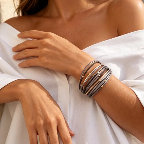 hotoo Leather Wrap Bracelet for Women - color: Multi-Strand (Gray-Gold)