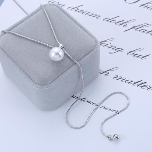 Boho Pearl Drop Lariat Y Necklace Faux Pearl Beads Pendant Necklace Adjustable Round Snake Chain Sliding Necklace Dainty Pearl Sweater Chain Necklace Wedding Bridal Jewelry for Women
