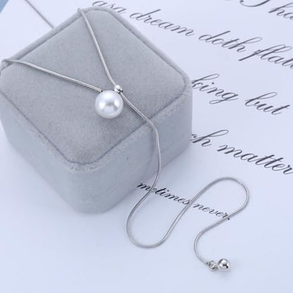 Boho Pearl Drop Lariat Y Necklace Faux Pearl Beads Pendant Necklace Adjustable Round Snake Chain Sliding Necklace Dainty Pearl Sweater Chain Necklace Wedding Bridal Jewelry for Women