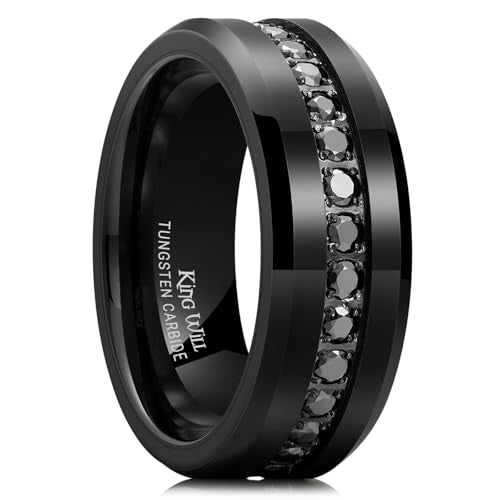 King Will 8mm Tungsten Carbide Rings for Men Cubic Zircon Stones Inlay - color: Black-Black Gemstones 8mm