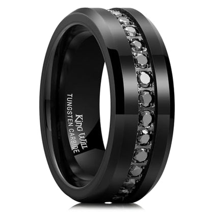 King Will 8mm Tungsten Carbide Rings for Men Cubic Zircon Stones Inlay - color: Black-Black Gemstones 8mm