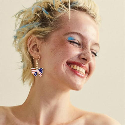 4th of July Earring Bracelet And Necklaces Jewelry Set for Women Men Personalized Red White and Blue Patriotic American Flag Dangle Drop Earrings Independence Day Holiday Accessories Gifts - style: bow