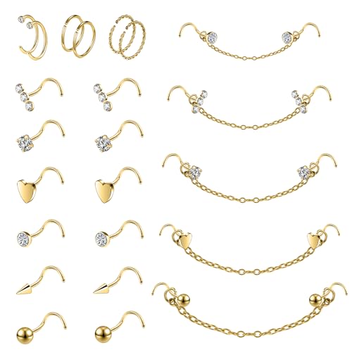 20G Nose Rings Studs with Chain Piercing Across Double Nose Stud Nose Hoop Spike Heart Ball CZ Surgical Steel Nostril Piercing Jewelry for Women Men, Black Silver Gold - color: GD-S