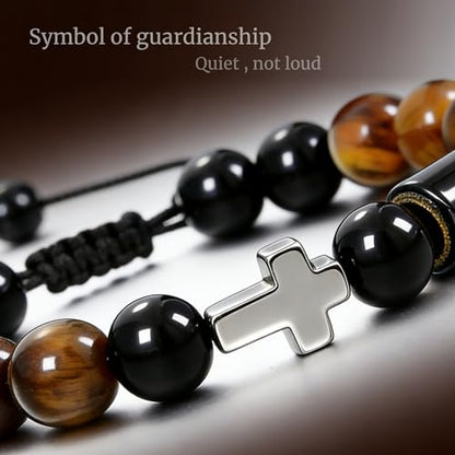 Initial Mens Bracelet with Cross - Religious Faith Beaded Bracelt Gift for Him Man Male Friend, Adjustable Tiger Eye Black Onyx Beads Braclet for Birthday Confirmation Sponsor Anniversary - color: Braided Rope-E