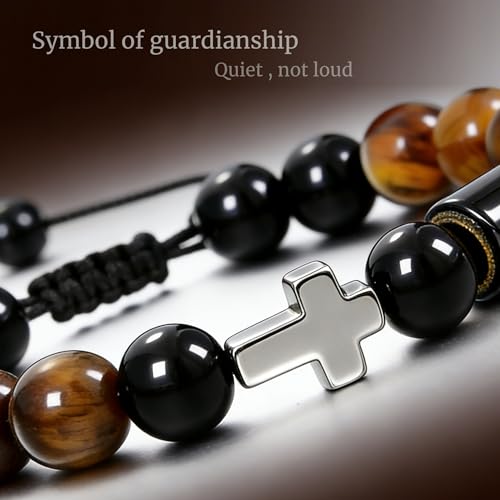 Initial Mens Bracelet with Cross - Religious Faith Beaded Bracelt Gift for Him Man Male Friend, Adjustable Tiger Eye Black Onyx Beads Braclet for Birthday Confirmation Sponsor Anniversary - color: A