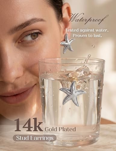 Chunky Gold Stud Earrings for Women Sterling Silver Earring Hypoallergenic | Non Tarnish 14K Gold Plated 925 Silver Posts for Sensitive Ears,Knot Statement Dangle Earrings Gold Jewelry Gifts Lightweight - color: silver plated-starfish
