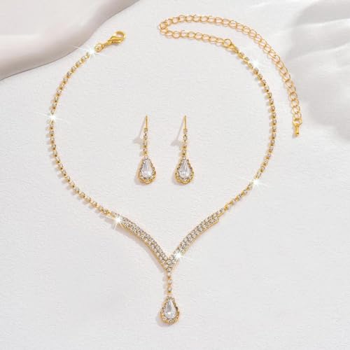 Bridal Wedding Jewelry Set Silver Rhinestone Necklace Earrings Sets Formal Costume Jewelry for Women and Brides - color: A-Gold