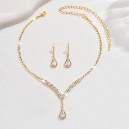 Bridal Wedding Jewelry Set Silver Rhinestone Necklace Earrings Sets Formal Costume Jewelry for Women and Brides - color: A-Gold