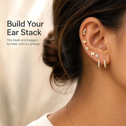 Surgical Stainless Steel Stud Earrings Set for Women | Hypoallergenic, Sensitive Flat Back, Small Cute Hoop Earring Sets, Lobe Helix Cartilage Stacks, Multiple Piercing Jewelry - color: Gold