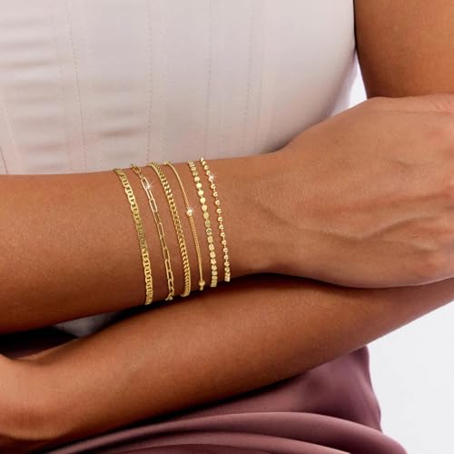 MFRYK Gold/Silver Bracelets For Women,Trendy 14k Gold/Silver Plated lightweight Dainty Chunky Thin Cuban Link Paperclip Chain Tennis Bangle Bracelets Stack Set,Ring Hand Chain Bracelet,Gold Jewelry Gift For Women Fashion Accessories - style: 6Pcs thin cub
