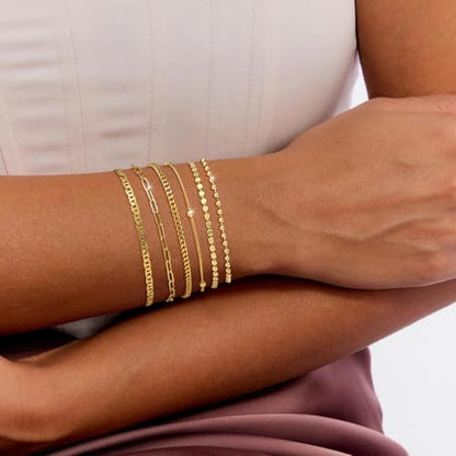 MFRYK Gold/Silver Bracelets For Women,Trendy 14k Gold/Silver Plated lightweight Dainty Chunky Thin Cuban Link Paperclip Chain Tennis Bangle Bracelets Stack Set,Ring Hand Chain Bracelet,Gold Jewelry Gift For Women Fashion Accessories - style: 6Pcs thin cub
