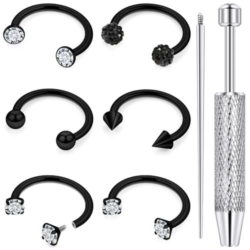 18G 16G 14G Horseshoe Septum Nose Ring Piercing Jewelry Stainless Steel Internal Thread Circular Barbell Daith Rook Earring Snake Bite Lip Ring Piercing Jewelry for Women Silver Black Gold - color: Black, size: 16 Gauge, 10mm