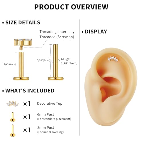 FINE4U 1PC ASTM F136 Titanium 16G Flatback Stud for Tragus, Helix, Conch 6mm 8mm - Screw on Cartilage Earring Piercing Jewelry - color: Five Marquise - Clear CZ - Gold
