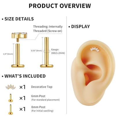 FINE4U 1PC ASTM F136 Titanium 16G Flatback Stud for Tragus, Helix, Conch 6mm 8mm - Screw on Cartilage Earring Piercing Jewelry - color: Five Marquise - Clear CZ - Gold