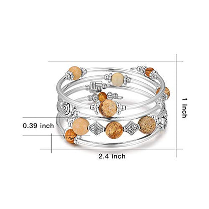 Beaded Pearl Bangle Wrap Bracelet - Fashion Bohemian Jewelry Multilayer Charm Bracelet with Thick Silver Metal Beads, Gift For Women - color: Picture Stone