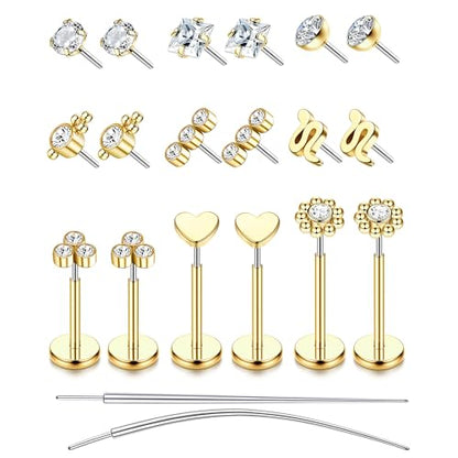 YADOCA Threadless Flat Back Earrings Hypoallergenic Nose Studs Rings for Women 14K Gold Plated 316L Surgical Steel Lip Labret Conch Medusa Cartilage Tragus Nose Piercing Jewelry 20G 18G 16G - color: Gold, size: 18G(1.0MM)